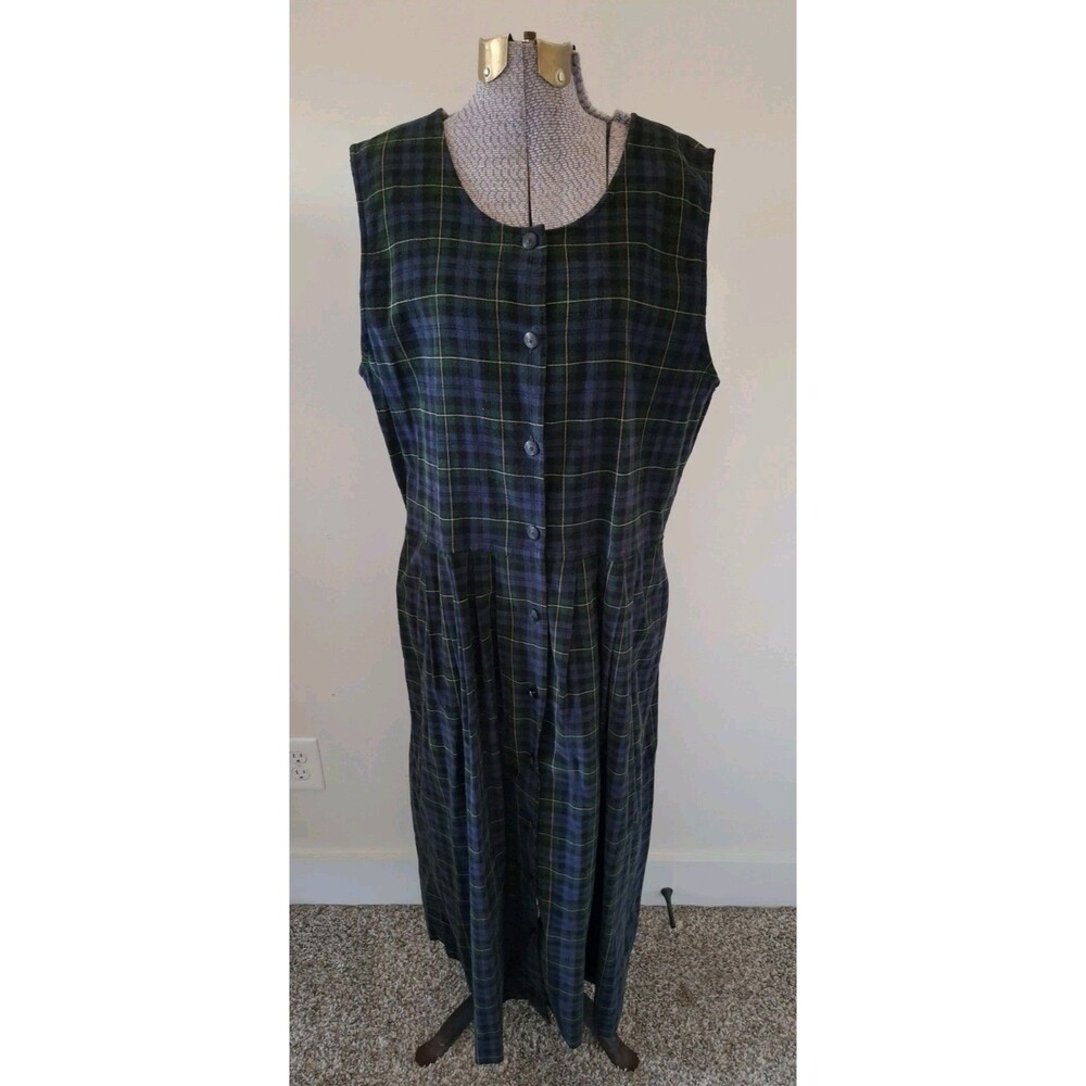 Vtg 90s Talbots Corduroy Jumper Overall Dress Plaid Green Blue Women's Sz 12 EC
